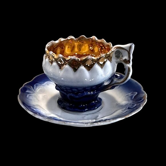 Vintage Cobalt Blue and Gold Gilt Demi-Tasse Teacup & Saucer – Marked "53", UNIQ - Picture 1 of 9